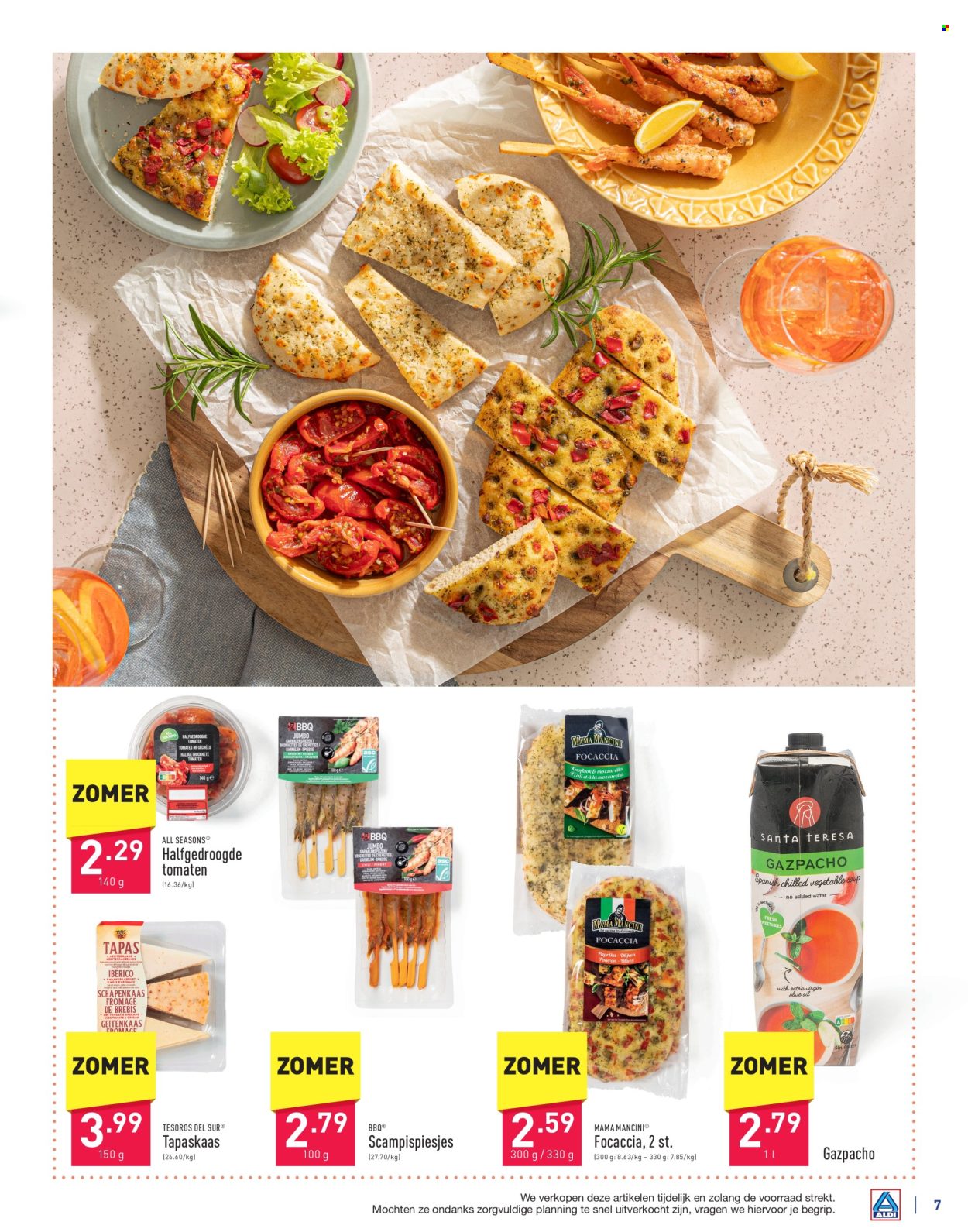 thumbnail - ALDI-aanbieding -  producten in de aanbieding - focaccia, paprika, tapas, mozzarella, geitenkaas, olijven, BBQ. Pagina 7.