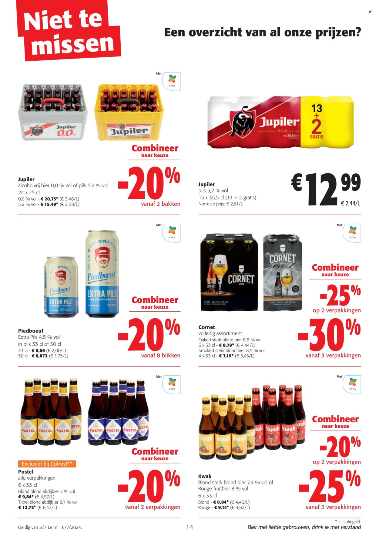 thumbnail - Colruyt-aanbieding - 03/07/2024 - 16/07/2024 -  producten in de aanbieding - Jupiler, bier, alcohol, alcoholvrij bier. Pagina 14.